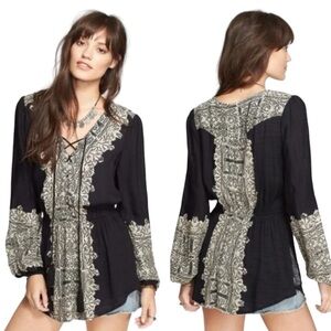 Free People Wildest Moments Black & Cream Boho Lace Up Long Sleeve Tunic
